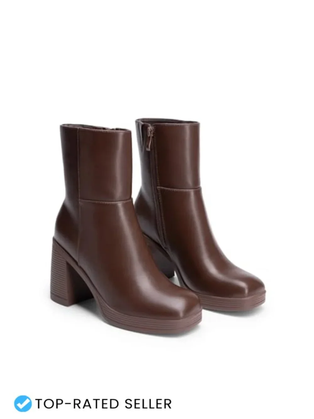 Square Toe Chunky Platform Ankle Boots Faux Leather Side Zip